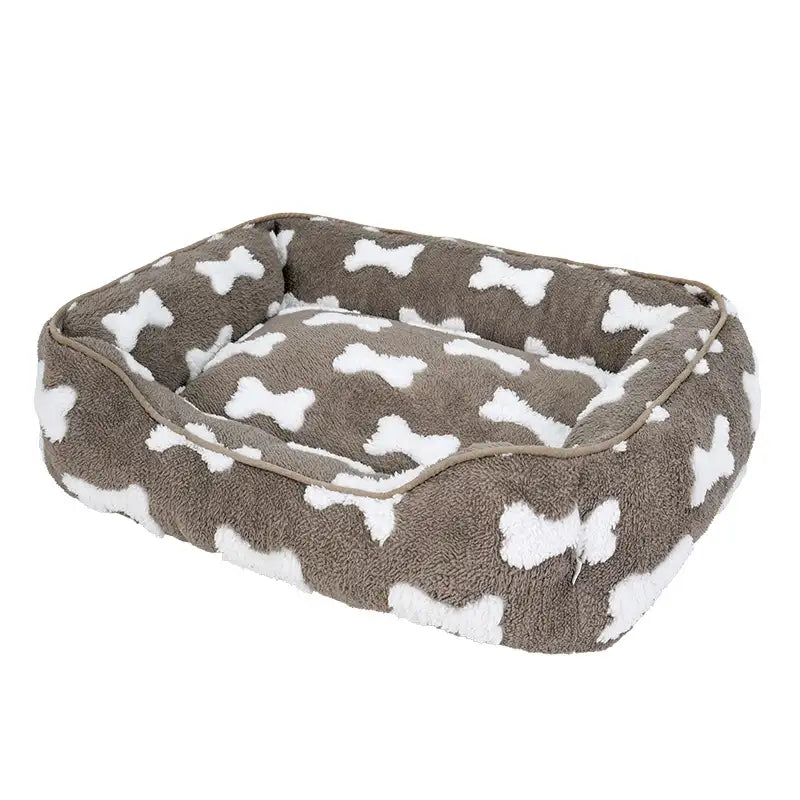 Plush Bone Pattern Square Deep Sleep Dog Bed