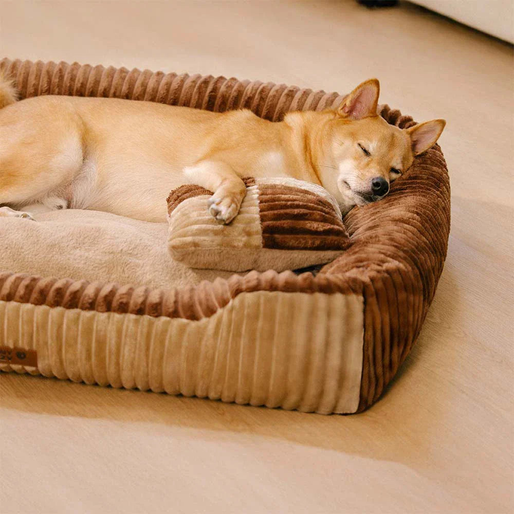 Vintage Colour-Block Flannel Removable Bolster Dog Bed with Pillow– CosyRest