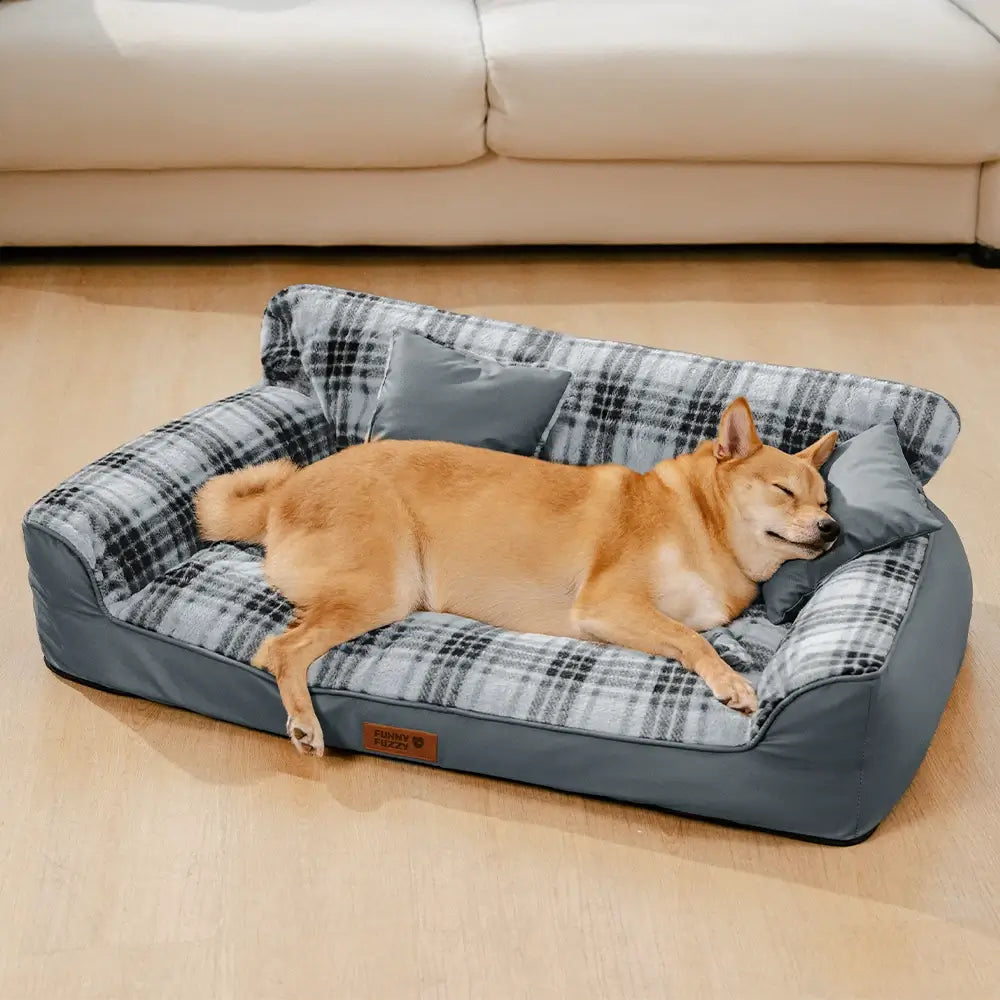 Vintage Plaid Plush Orthopaedic Dog Sofa Bed with Pillows - CosyLuxe
