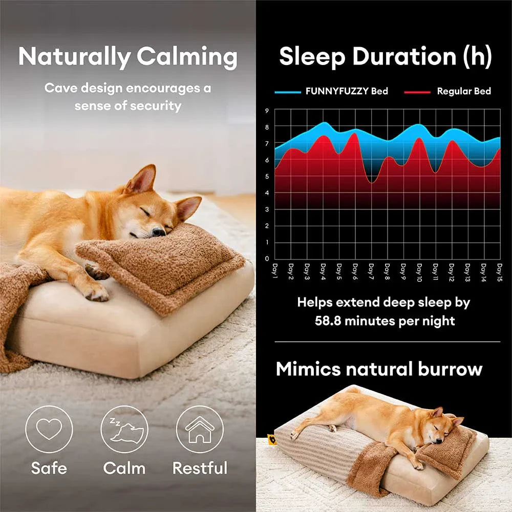 Plush Striped Cave Covered Orthopaedic Dog Bed With Pillow - FluffyWarm