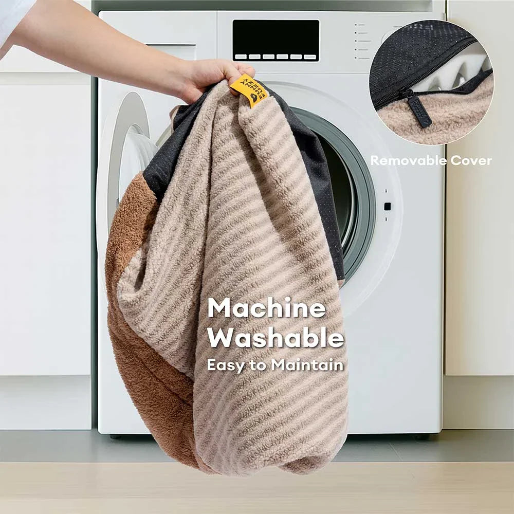 Plush Striped Cave Covered Orthopaedic Dog Bed With Pillow - FluffyWarm