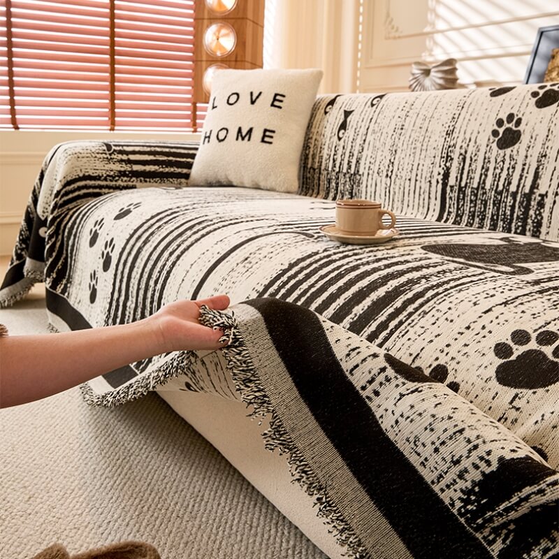 Cartoon Paw Print Chenille Anti-Scratch Throw Sofa Cover