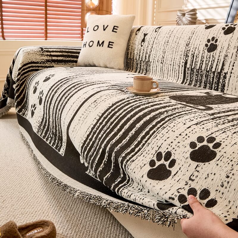 Cartoon Paw Print Chenille Anti-Scratch Throw Sofa Cover