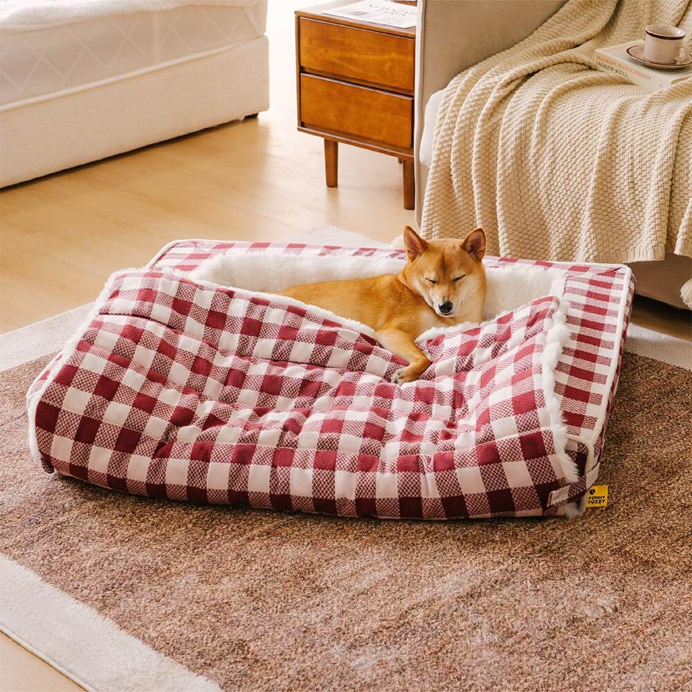 Classic Plaid Ergonomic Calming Dog Bed - Expandable&Washable