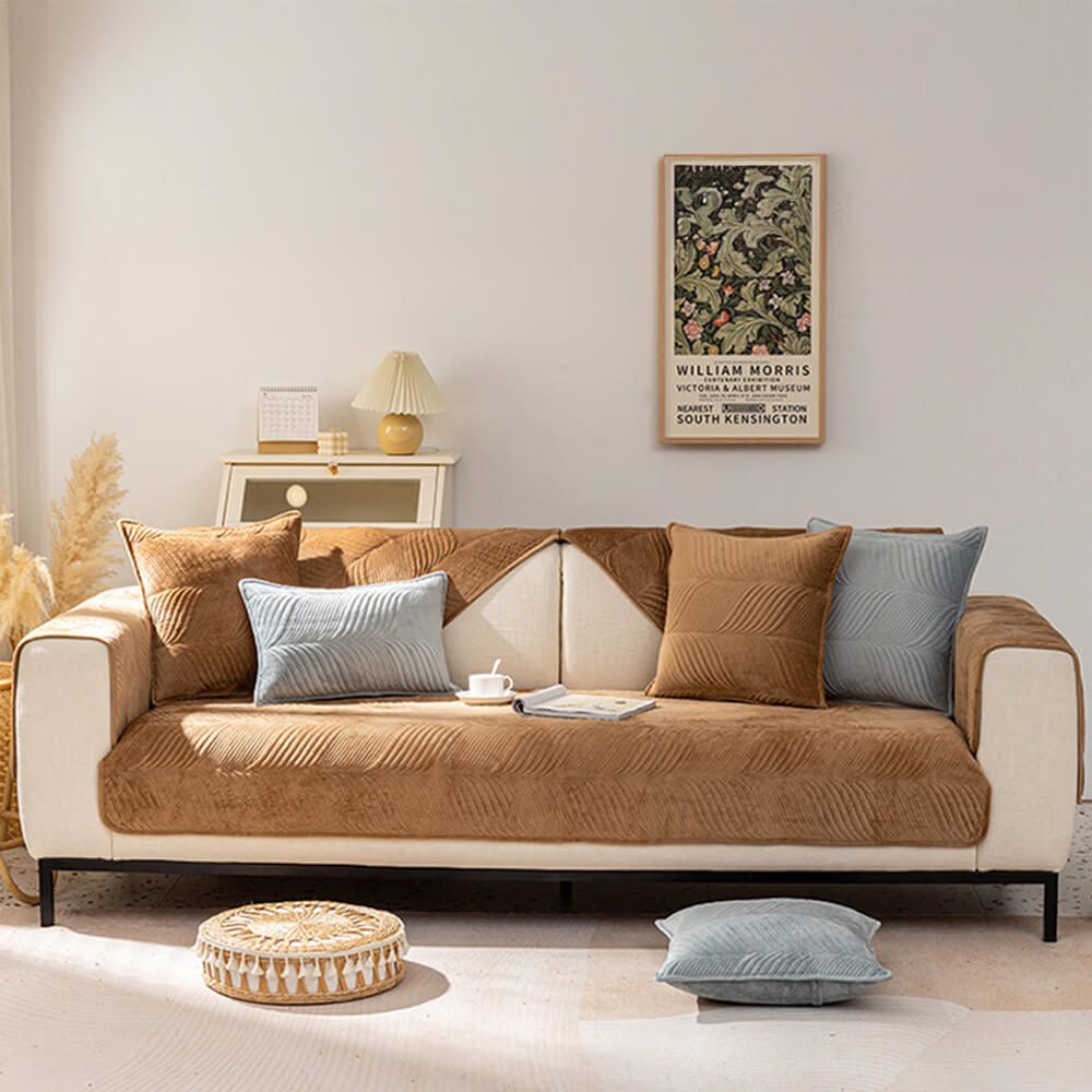 Leaf Patterned Plush Warm Non-Slip Sofa Cover