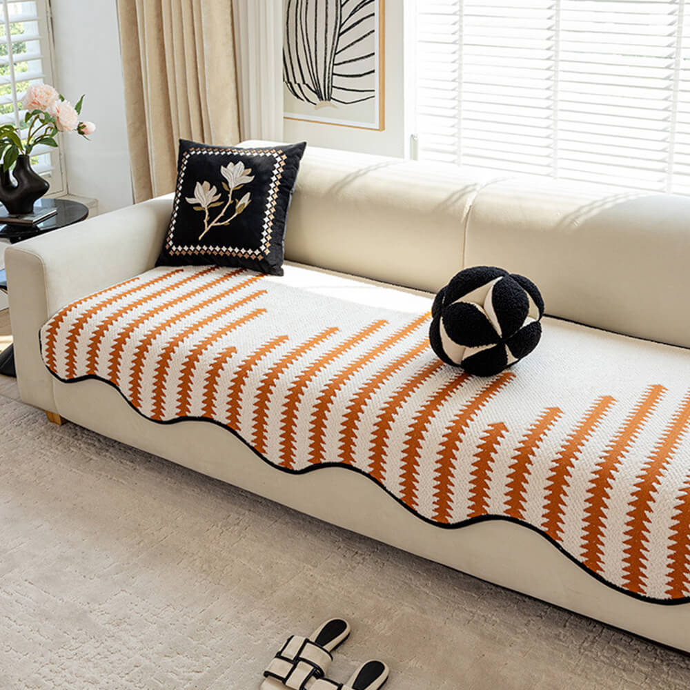 Modern Chevron Stripes Chenille Sofa Cover with Wavy Edges