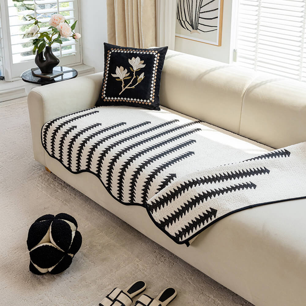 Modern Chevron Stripes Chenille Sofa Cover with Wavy Edges