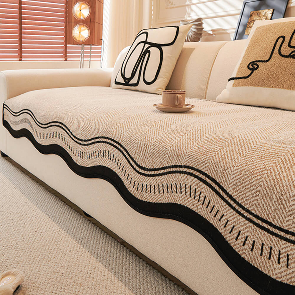 Non-Slip Herringbone Chenille Sofa Cover with Wavy Edges