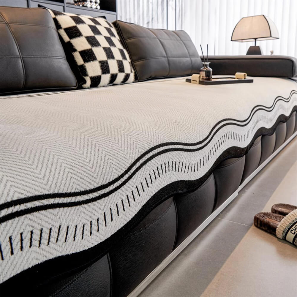 Non-Slip Herringbone Chenille Sofa Cover with Wavy Edges