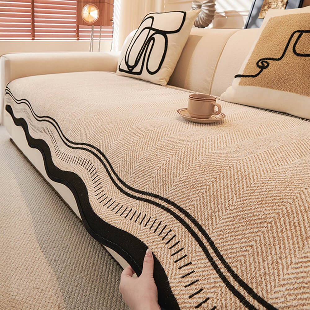 Non-Slip Herringbone Chenille Sofa Cover with Wavy Edges