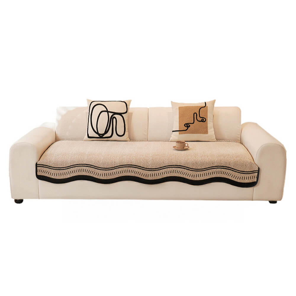 Non-Slip Herringbone Chenille Sofa Cover with Wavy Edges