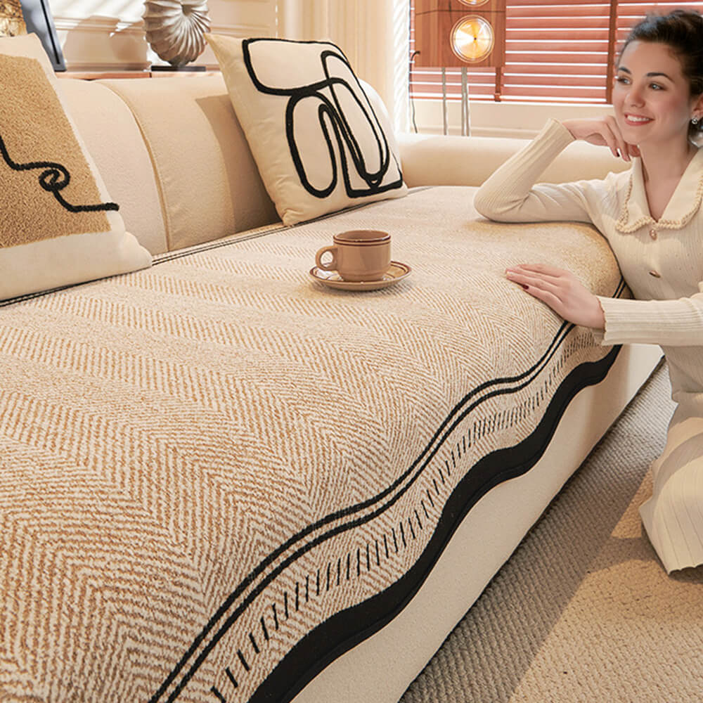 Non-Slip Herringbone Chenille Sofa Cover with Wavy Edges