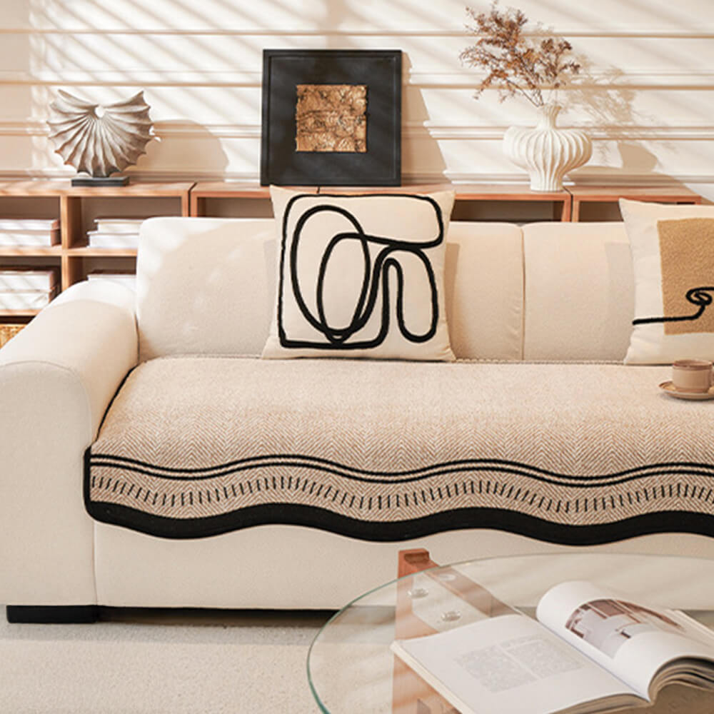Non-Slip Herringbone Chenille Sofa Cover with Wavy Edges