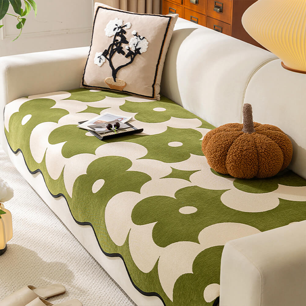 Elegant Floral Chenille Sofa Cover with Wavy Border
