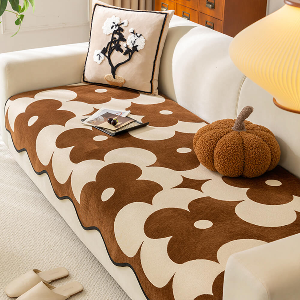Elegant Floral Chenille Sofa Cover with Wavy Border