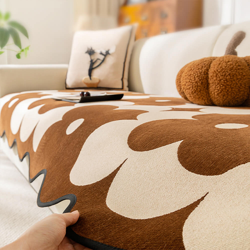 Elegant Floral Chenille Sofa Cover with Wavy Border