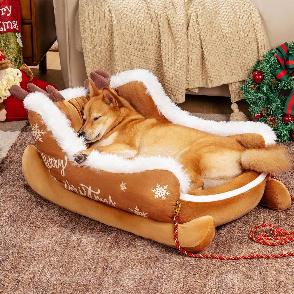 Festive Plush Cosy Dog Bed - Christmas Sleigh