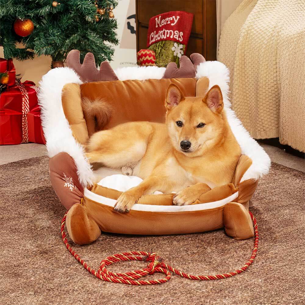 Festive Plush Cosy Dog Bed - Christmas Sleigh