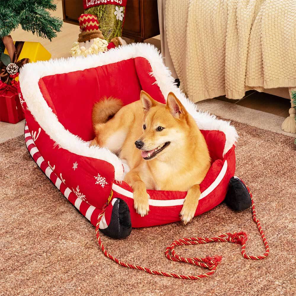 Festive Plush Cosy Dog Bed - Christmas Sleigh