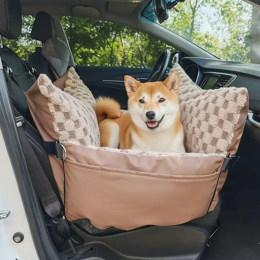 Chequerboard Faux Leather Safety Centre Console Pet Car Seat and Carrier 2-in-1