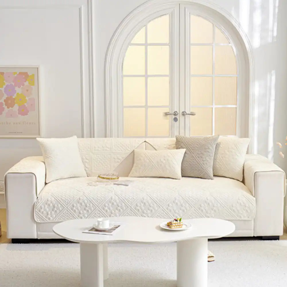 Embossed Geometric Pattern Soft Plush Quilted Non-Slip Sofa Cover
