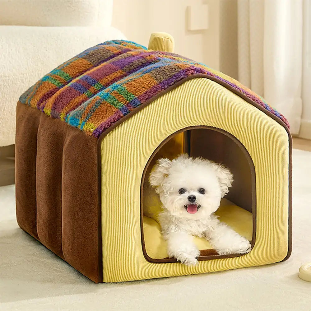 Plaid Retro Cosy Cave-Style Warm Deep Sleeping Dog & Cat Bed - Retro House