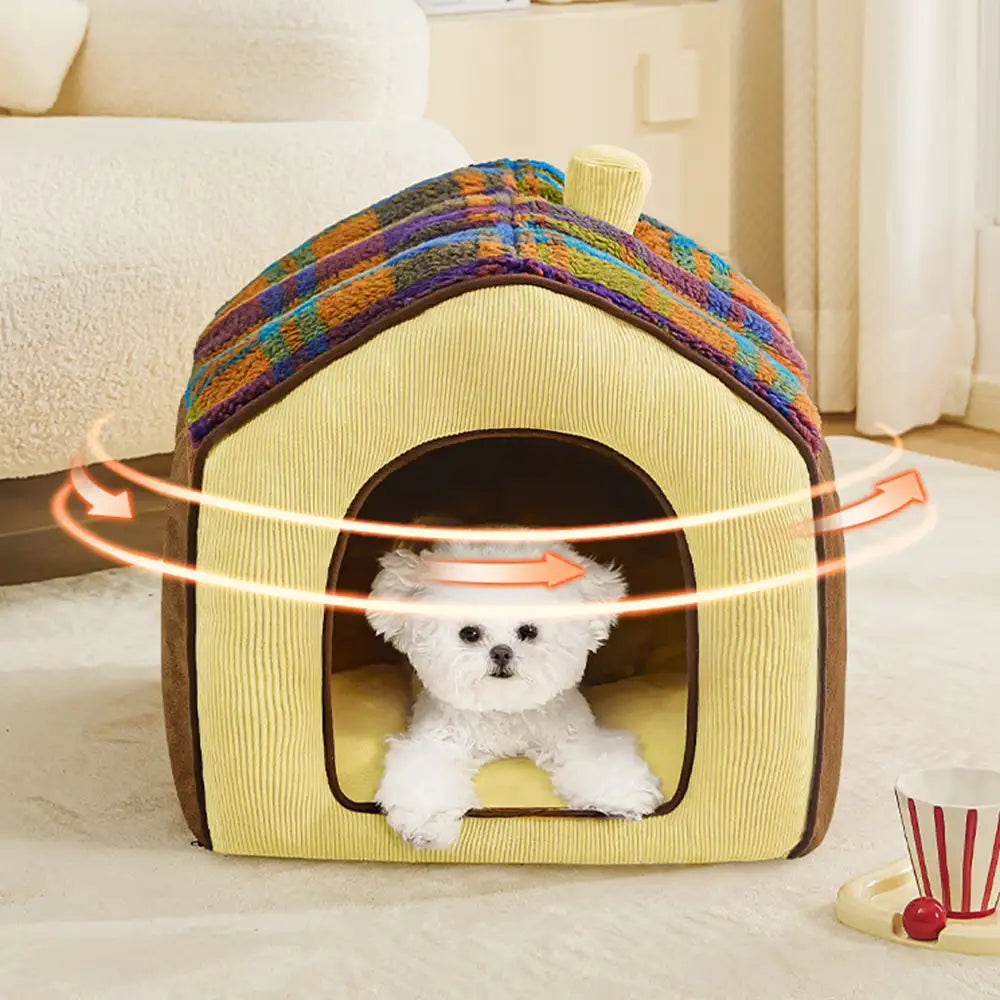 Plaid Retro Cosy Cave-Style Warm Deep Sleeping Dog & Cat Bed - Retro House