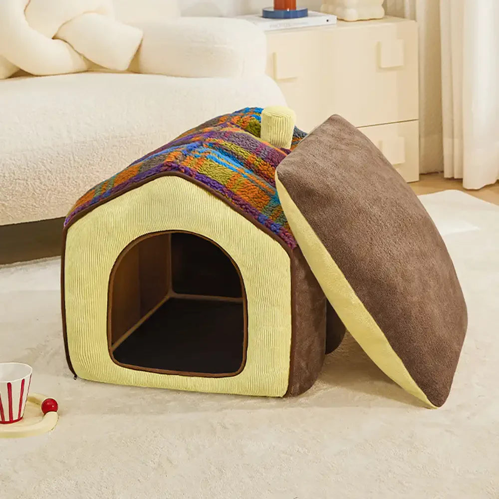 Plaid Retro Cosy Cave-Style Warm Deep Sleeping Dog & Cat Bed - Retro House