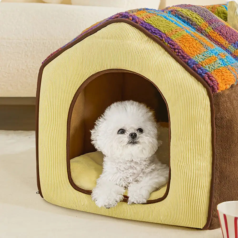 Plaid Retro Cosy Cave-Style Warm Deep Sleeping Dog & Cat Bed - Retro House