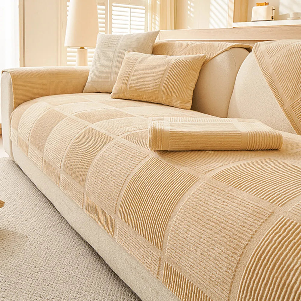 Plush Cream Geometric All Seasons Non-Slip Sofa Cover