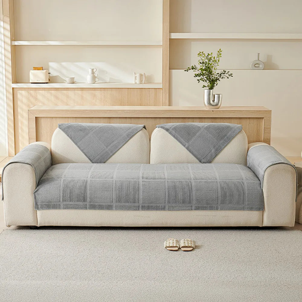 Plush Cream Geometric All Seasons Non-Slip Sofa Cover