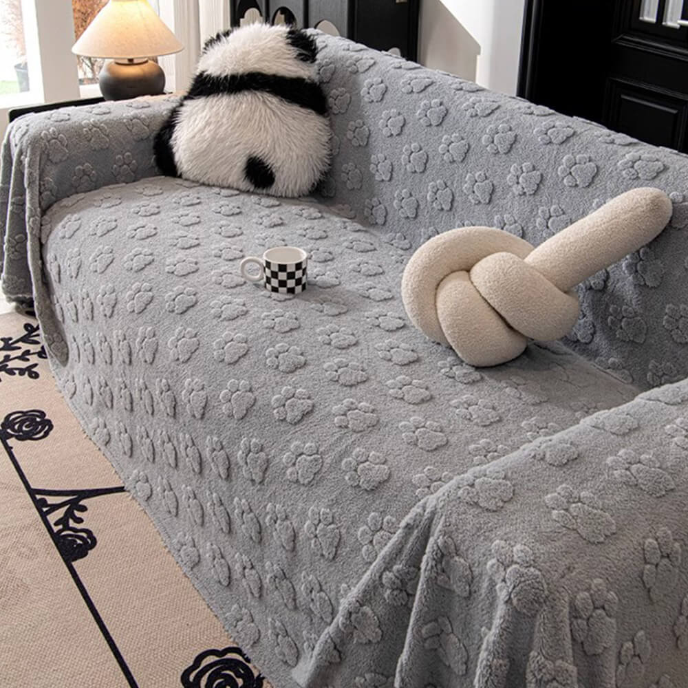 Plush Paw-Patterned Soft Furniture Protector Sofa Throw Cover