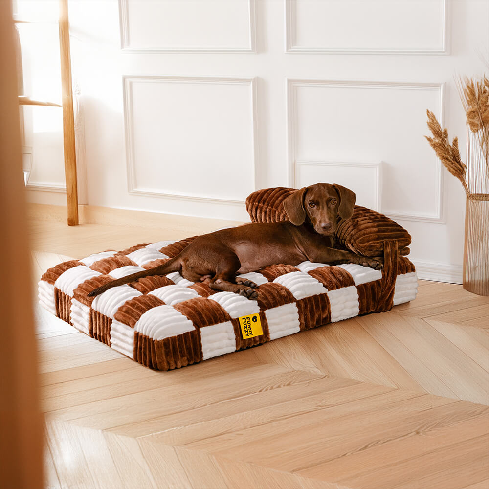 Handmade Plush Chequerboard Orthopaedic Support Dog Bed with Pillow