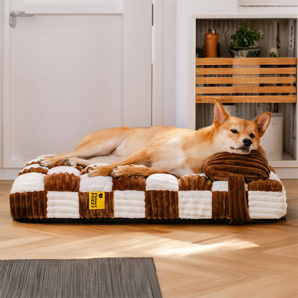 Handmade Plush Chequerboard Orthopaedic Support Dog Bed with Pillow