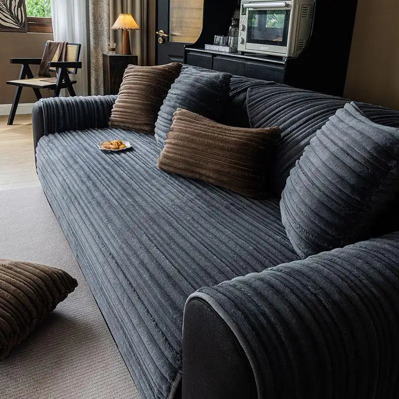 Modern Asymmetrical Stripes Soft Plush Non-Slip Sofa Cover