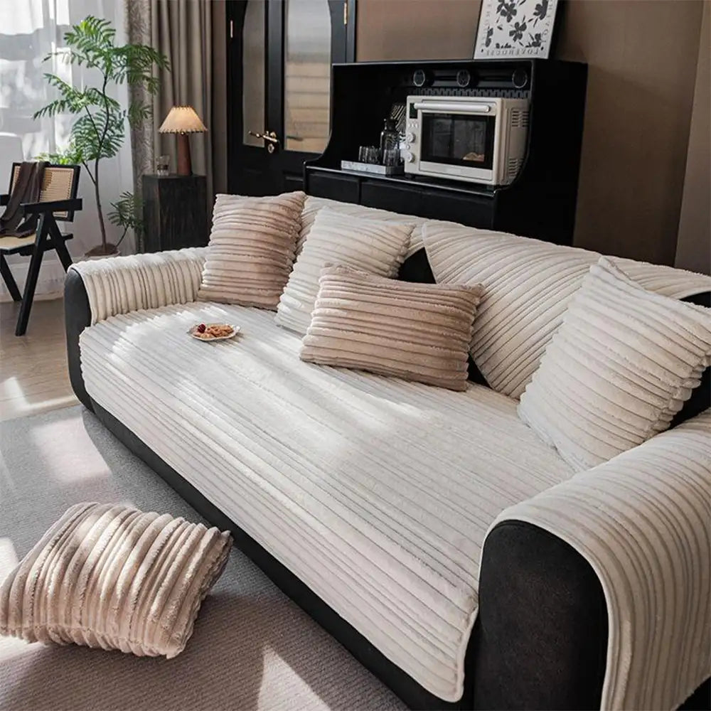 Modern Asymmetrical Stripes Soft Plush Non-Slip Sofa Cover