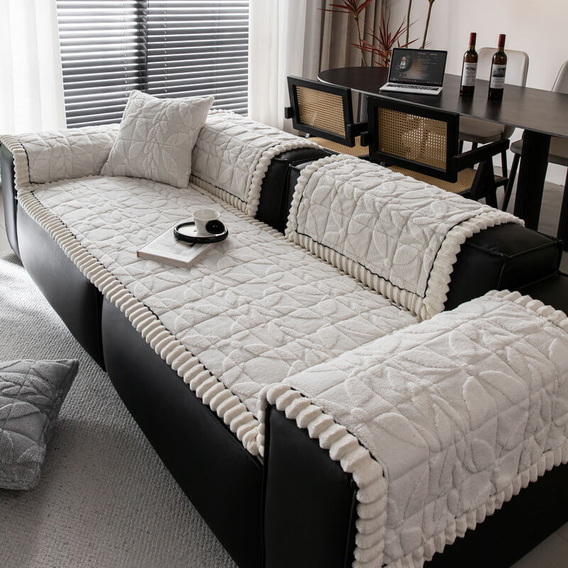 Thickened Short Plush Leaf Pattern Scratch Resistant Non-Slip Sofa Cover