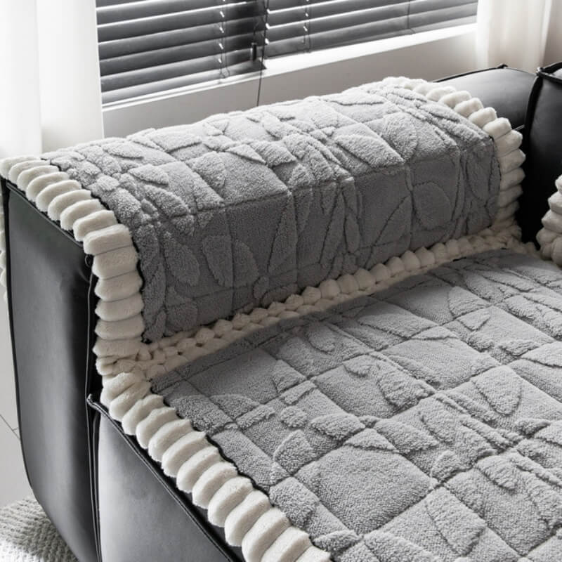 Thickened Short Plush Leaf Pattern Scratch Resistant Non-Slip Sofa Cover
