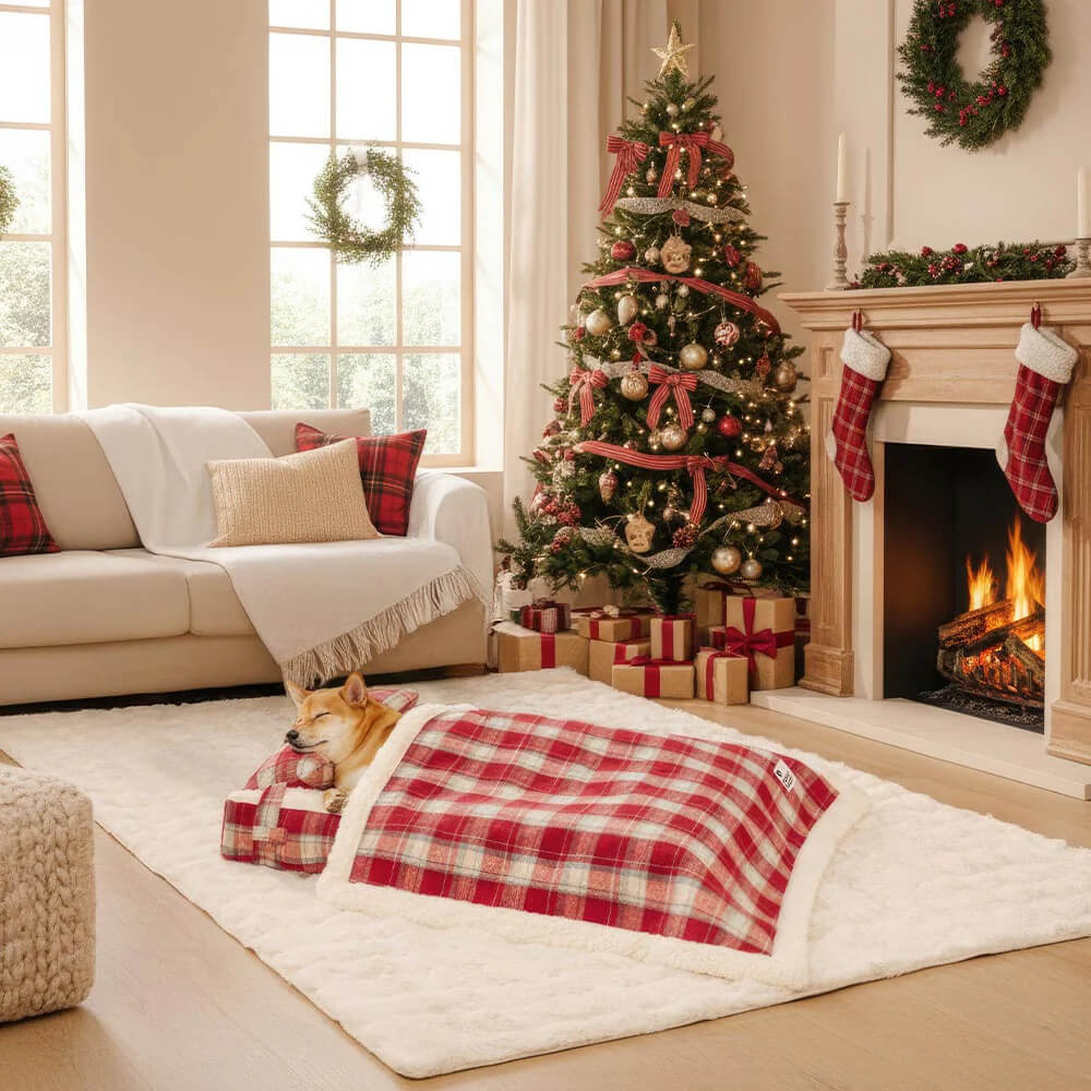 Vintage Plaid Plush Detachable Orthopaedic Dog Bed with Pillow - Puppy Snug