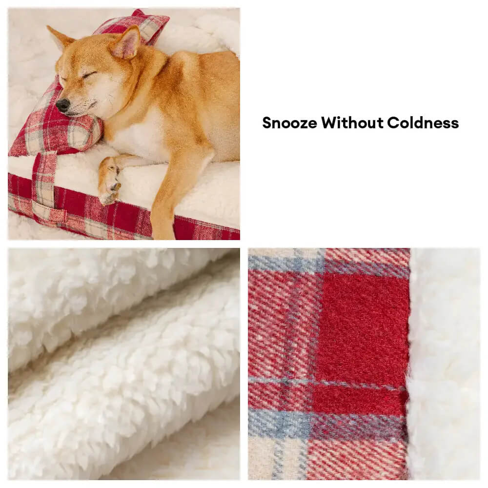 Vintage Plaid Plush Detachable Orthopaedic Dog Bed with Pillow - Puppy Snug