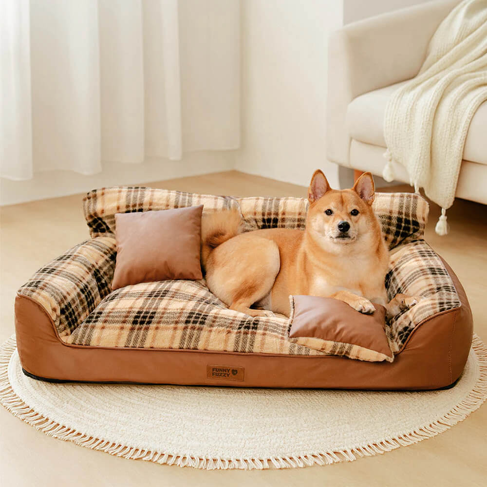Vintage Plaid Plush Orthopaedic Dog Sofa Bed with Pillows - CosyLuxe