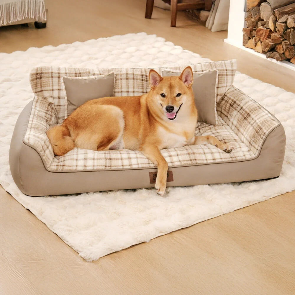 Vintage Plaid Plush Orthopaedic Dog Sofa Bed with Pillows - CosyLuxe