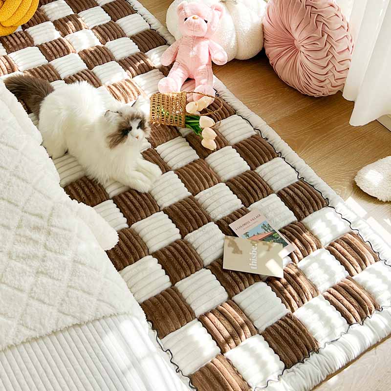 Cream-Coloured Large Plaid Square Pet Carpet Bed Sofa Cover