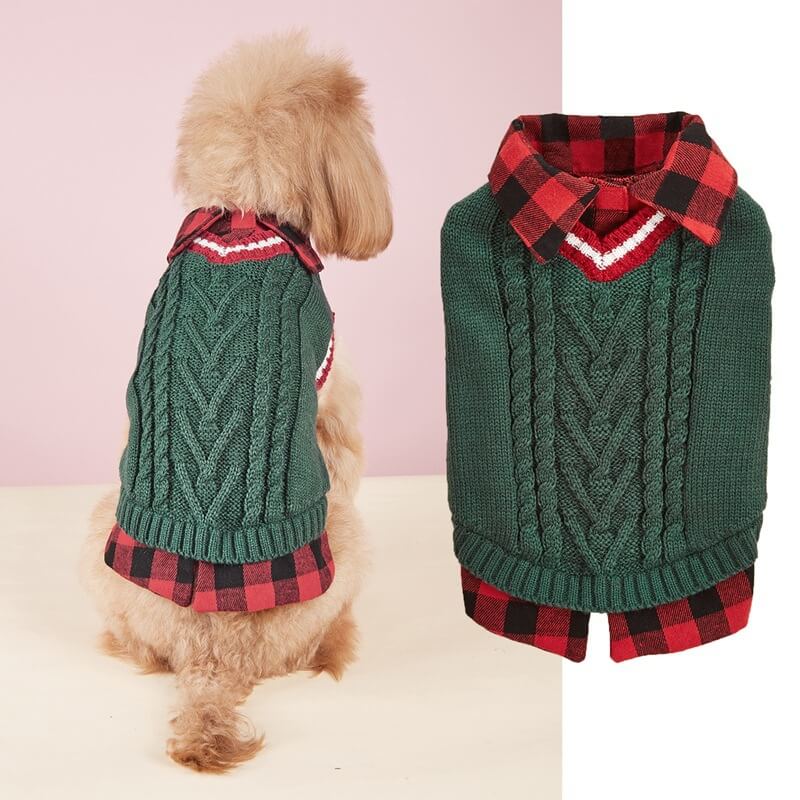 Perfect for Fall Winter Plaid Collar Cable Knit Dog Jumper Vest
