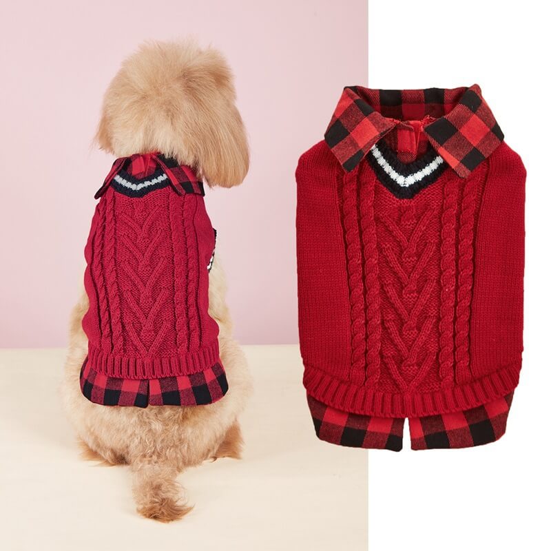 Perfect for Fall Winter Plaid Collar Cable Knit Dog Jumper Vest