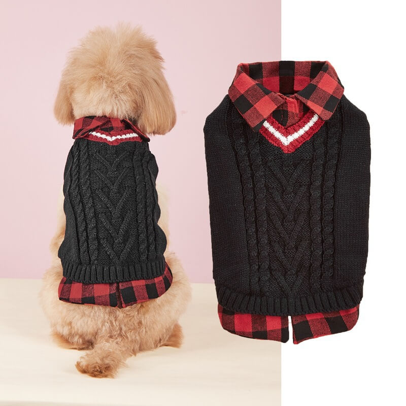 Perfect for Fall Winter Plaid Collar Cable Knit Dog Jumper Vest