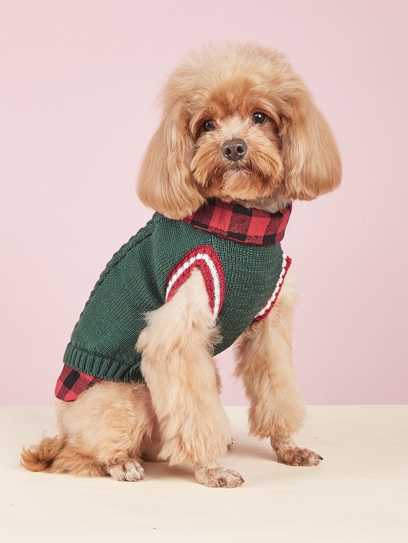 Perfect for Fall Winter Plaid Collar Cable Knit Dog Jumper Vest