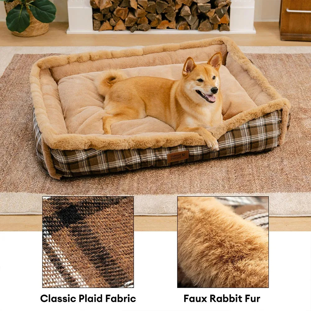 Vintage Chequered Washable Plush Cosy Bolster Dog Bed – TuckNap