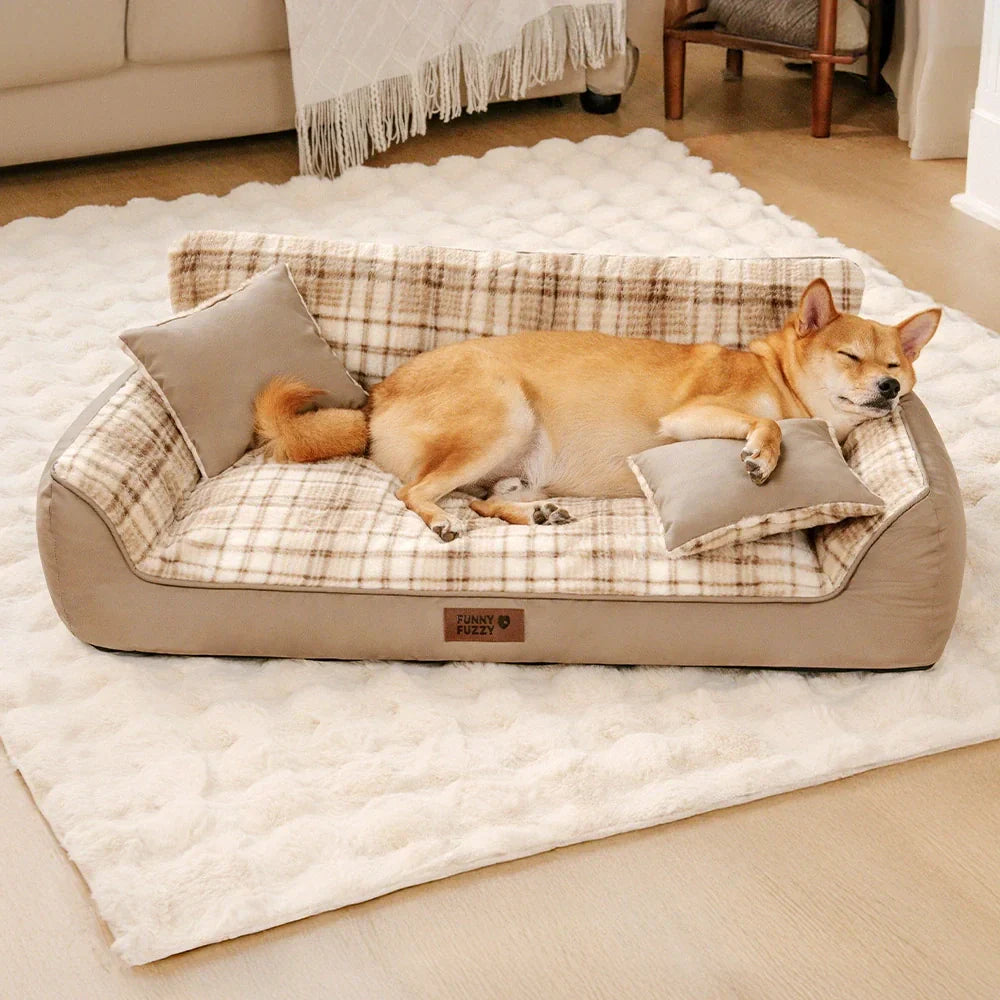 Vintage Plaid Plush Orthopaedic Dog Sofa Bed with Pillows - CosyLuxe