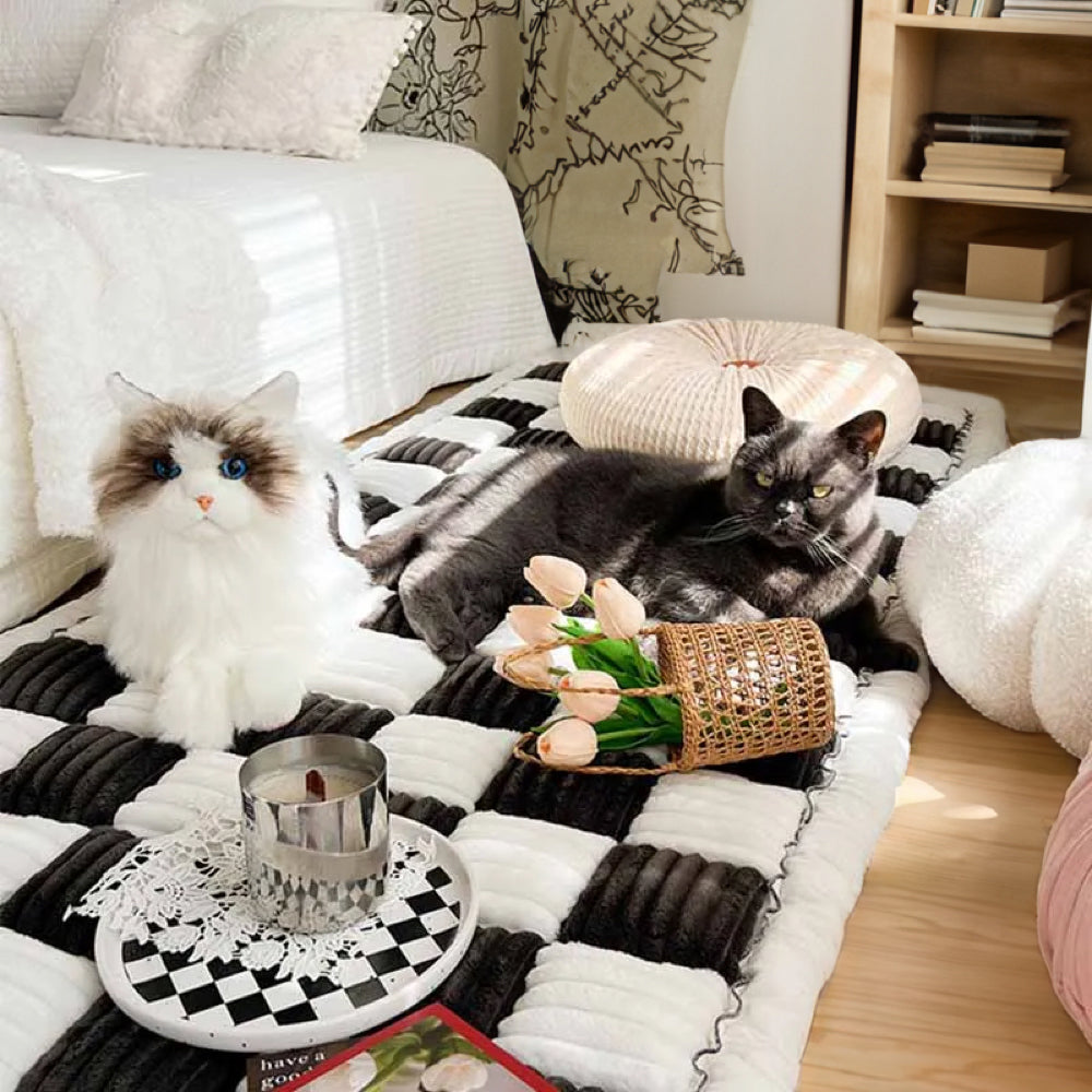 Cream-Coloured Large Plaid Square Pet Carpet Bed Sofa Cover